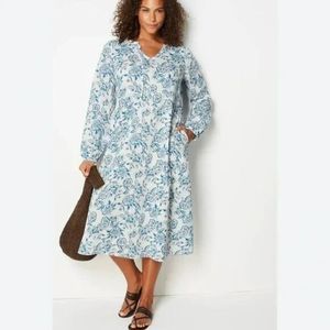 J. Jill Pure Jill Cabana Dress Women's XS Off White Floral Midi Long Sleeve NWT